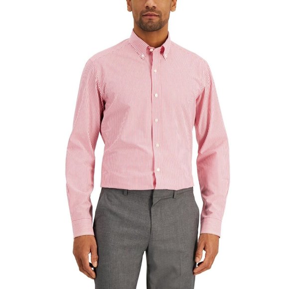 Club Room Men's Slim Fit 4 Way Stretch Stripe Dress Shirt Red Size Medium - Picture 1 of 1